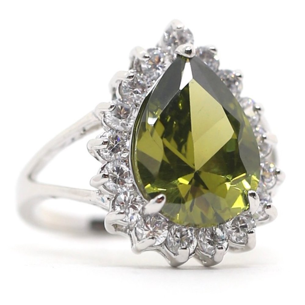 18k Gold dipped Halo Green Pear Engagement Ring